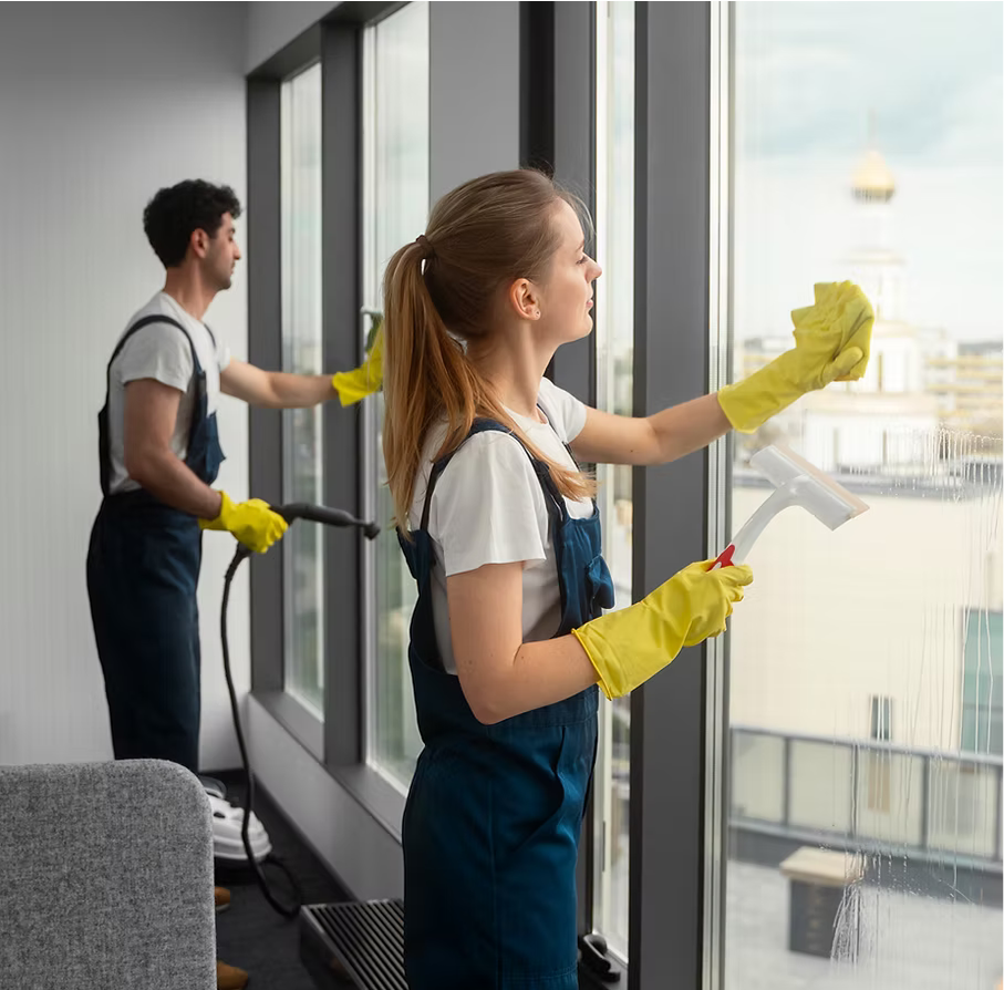 Detailed Commercial Cleaning team cleaning an office window